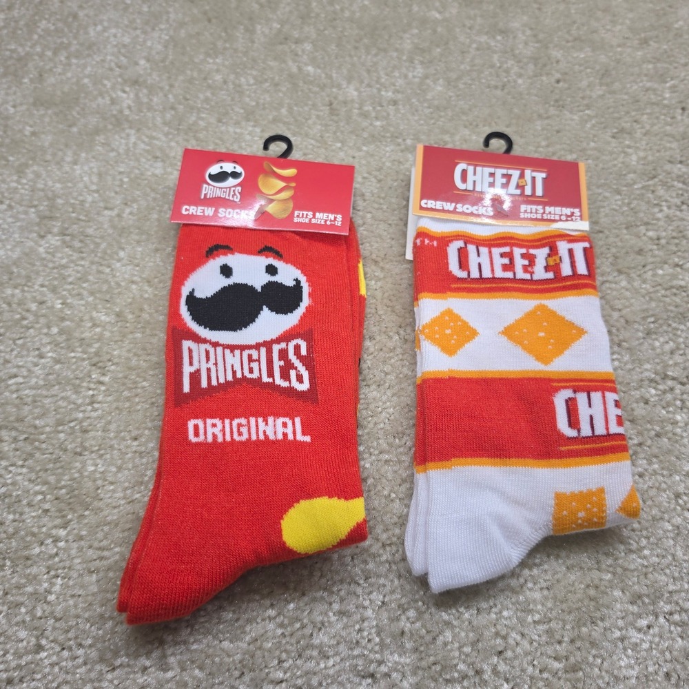 Mens Pringles and Cheez-It Novelty Crew Socks 2 Pair Bundle Red Orange Size 6-12